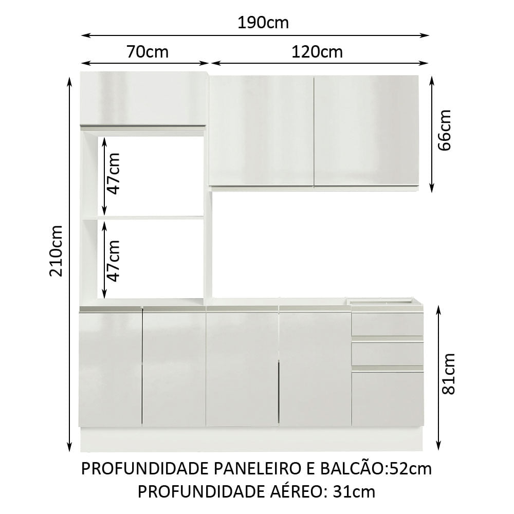 Armário de Cozinha Compacta 100% MDF Madesa Acordes XB190001 com Balcão e Torre Portas Branco Brilho