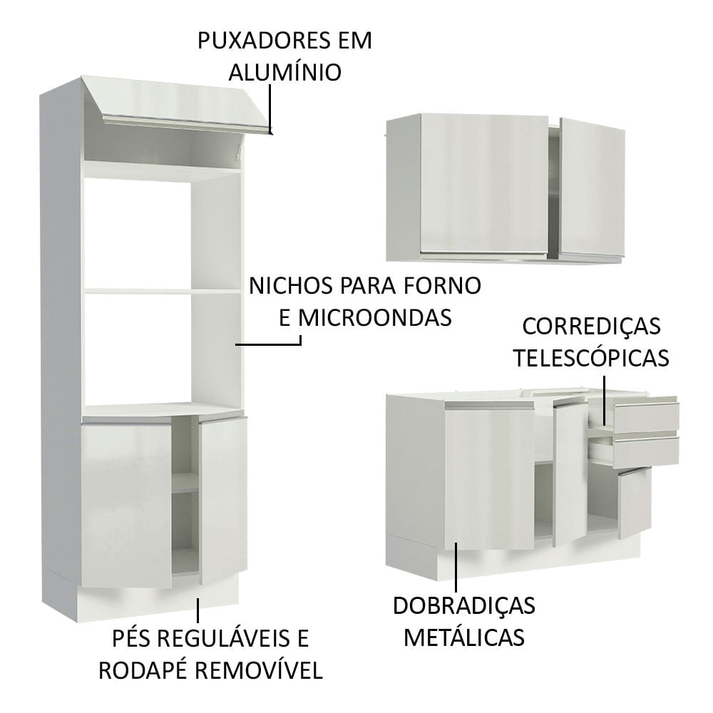 Armário de Cozinha Compacta 100% MDF Madesa Acordes XB190001 com Balcão e Torre Portas Branco Brilho