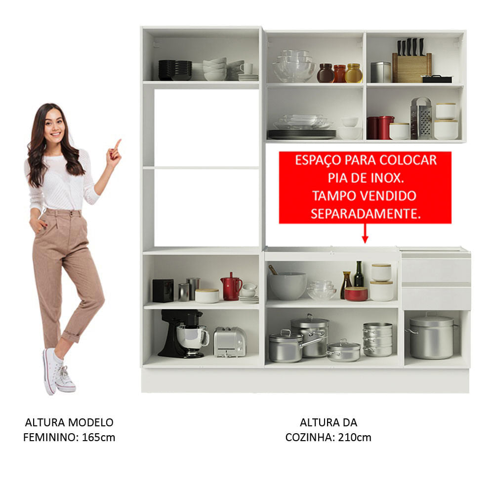 Armário de Cozinha Compacta 100% MDF Madesa Acordes XB190001 com Balcão e Torre Portas Branco Brilho