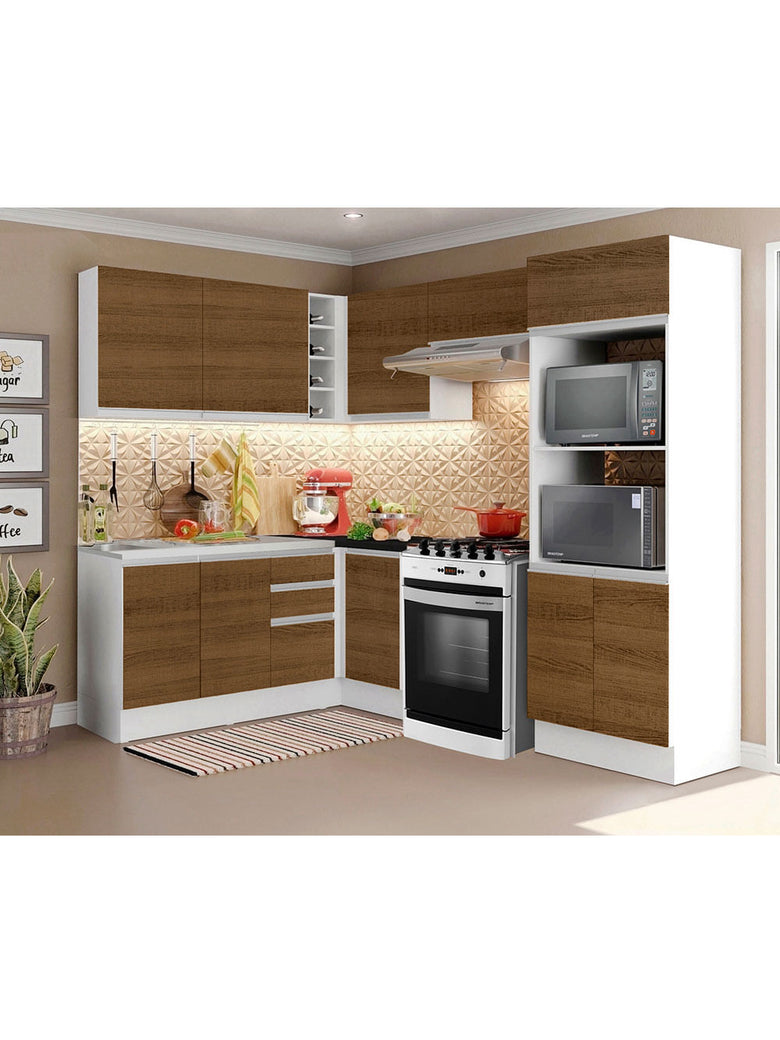 Armário de Cozinha Completa de Canto 100% MDF 419cm Branco/Rustic Acordes Madesa XA01