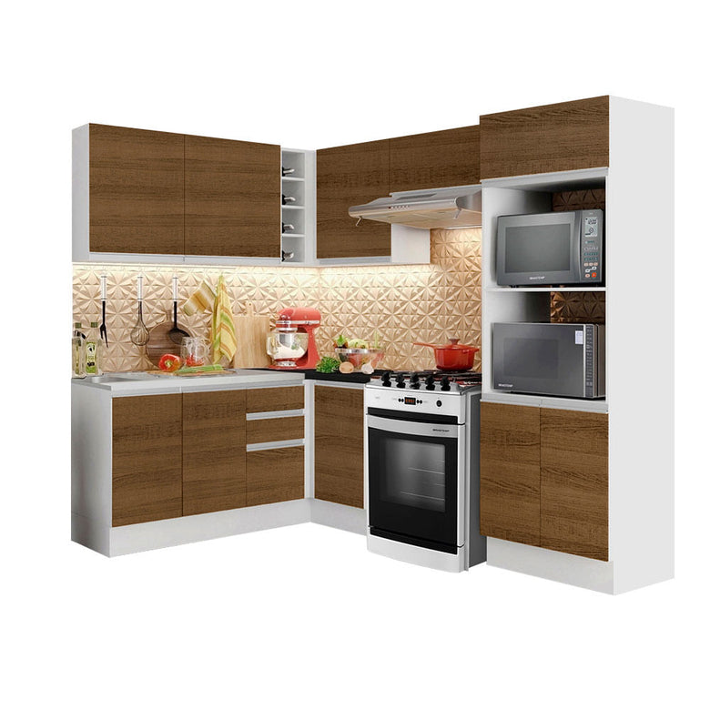 Armário de Cozinha Completa de Canto 100% MDF 419cm Branco/Rustic Acordes Madesa XA01