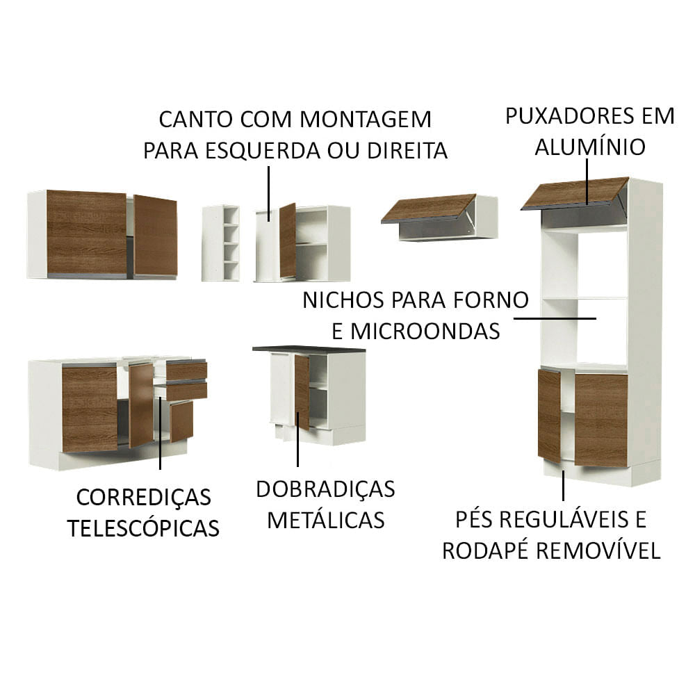 Armário de Cozinha Completa de Canto 100% MDF 419cm Branco/Rustic Acordes Madesa XA01