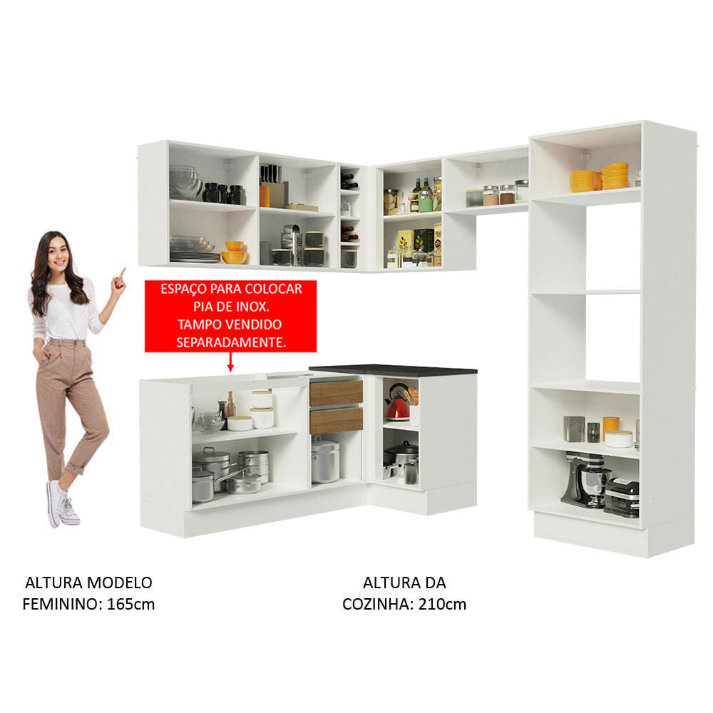 Armário de Cozinha Completa de Canto 100% MDF 419cm Branco/Rustic Acordes Madesa XA01