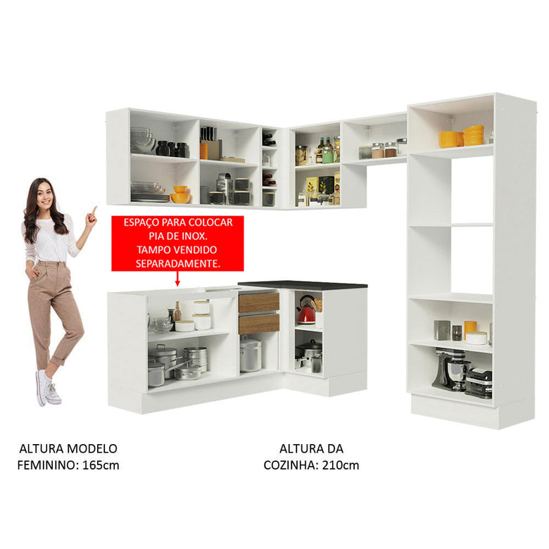 Armário de Cozinha Completa de Canto 100% MDF 419cm Branco/Rustic Acordes Madesa XA01