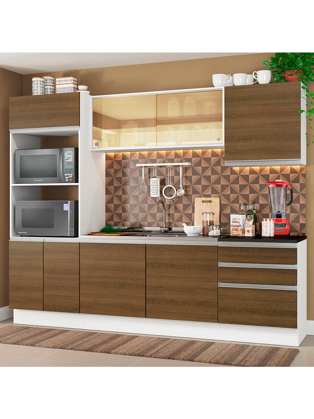 Armário de Cozinha Completa 100% MDF 250cm Branco/Rustic Acordes Madesa XA01 - Branco/Rustic