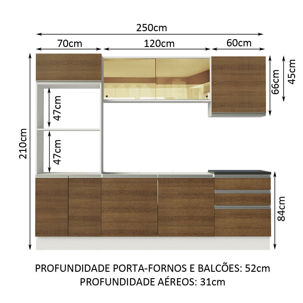 Armário de Cozinha Completa 100% MDF 250cm Branco/Rustic Acordes Madesa XA01