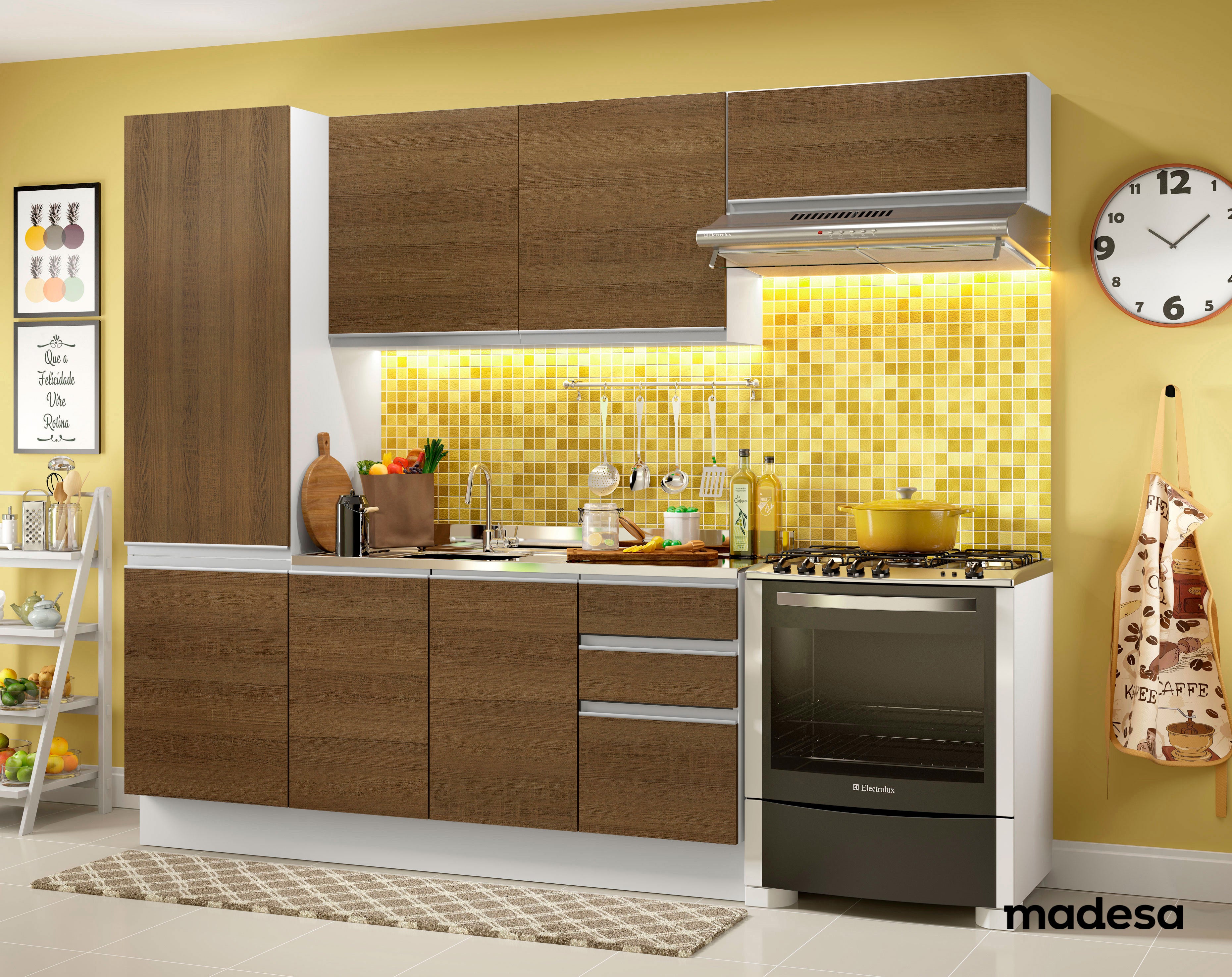 Armário de Cozinha Completa 100% MDF 260cm Branco/Rustic Acordes Madesa XA02 - Branco/Rustic