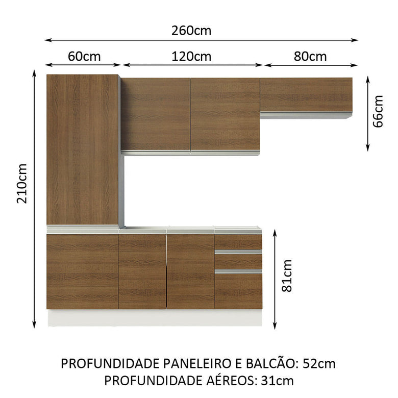 Armário de Cozinha Completa 100% MDF 260cm Branco/Rustic Acordes Madesa XA02