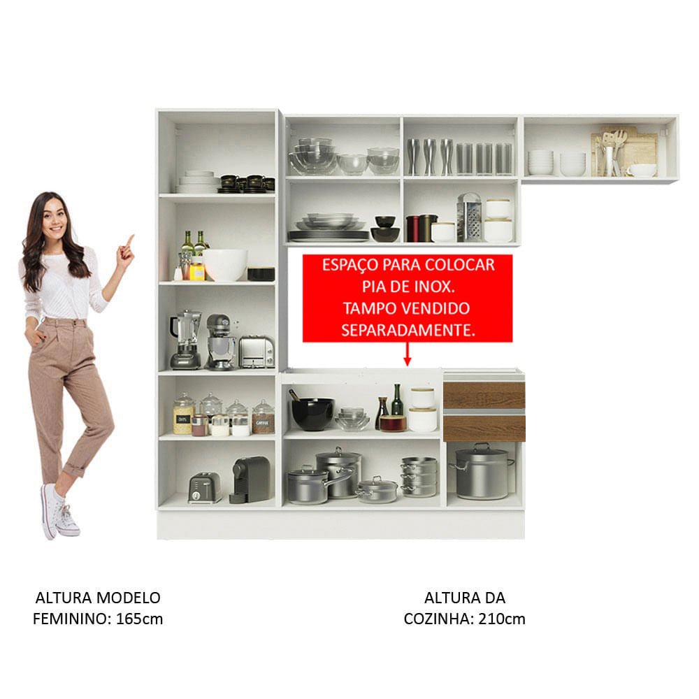 Armário de Cozinha Completa 100% MDF 260cm Branco/Rustic Acordes Madesa XA02