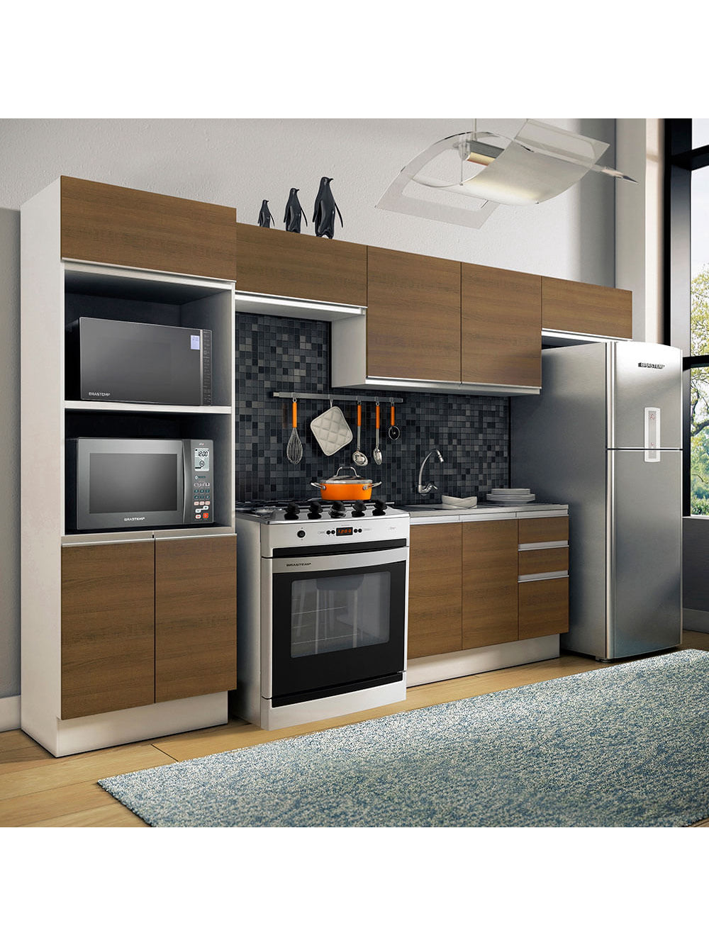 Armário de Cozinha Completa 100% MDF 350cm Branco/Rustic Acordes Madesa XA01 - Branco/Rustic