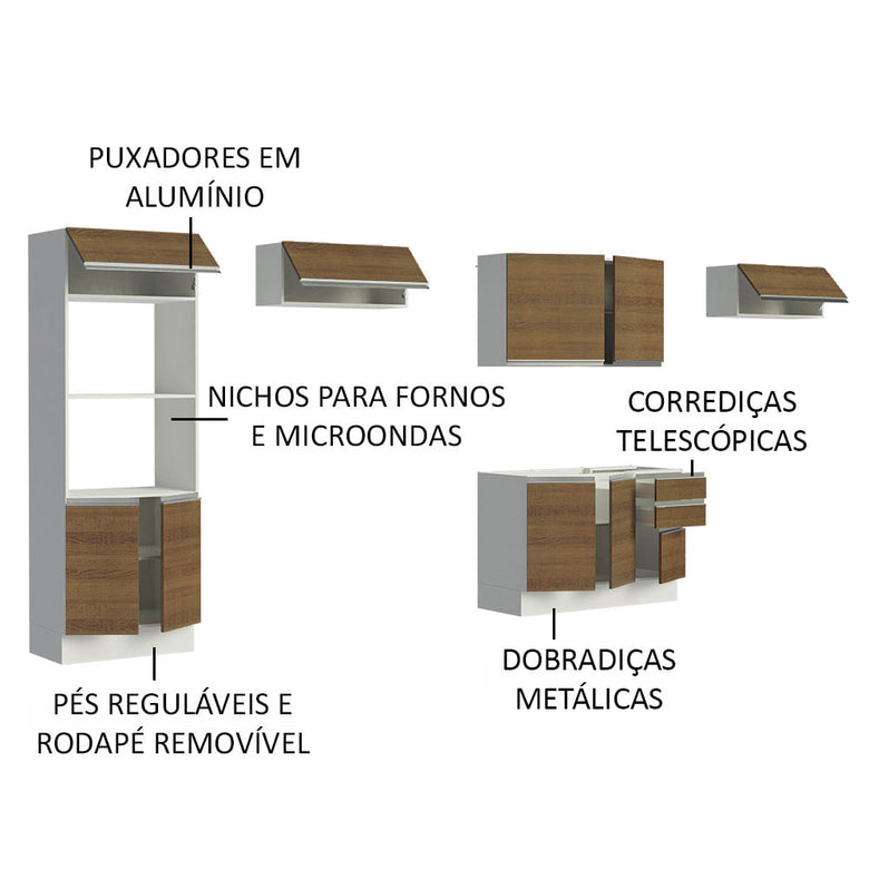 Armário de Cozinha Completa 100% MDF 350cm Branco/Rustic Acordes Madesa XA01