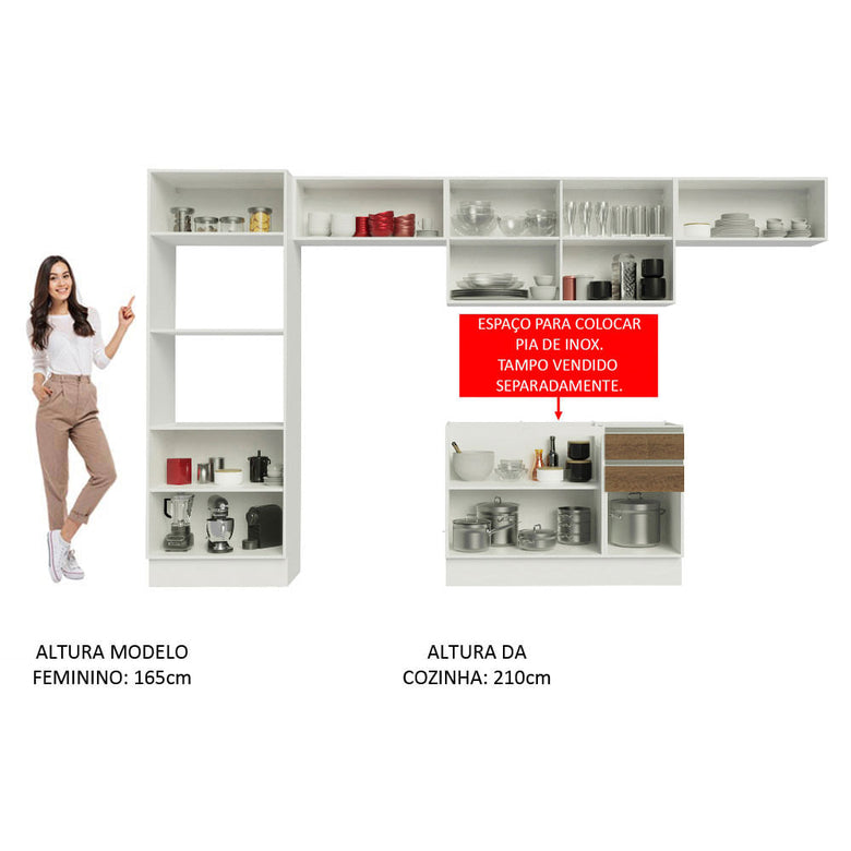 Armário de Cozinha Completa 100% MDF 350cm Branco/Rustic Acordes Madesa XA01