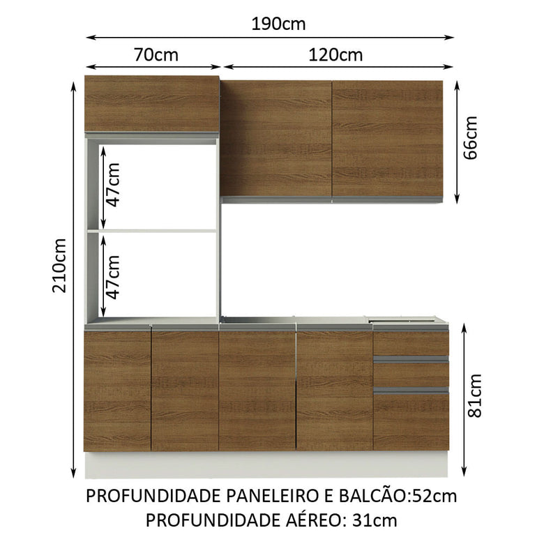Armário de Cozinha Compacta 100% MDF Madesa Acordes XB190001 com Balcão e Torre  Branco/Rustic