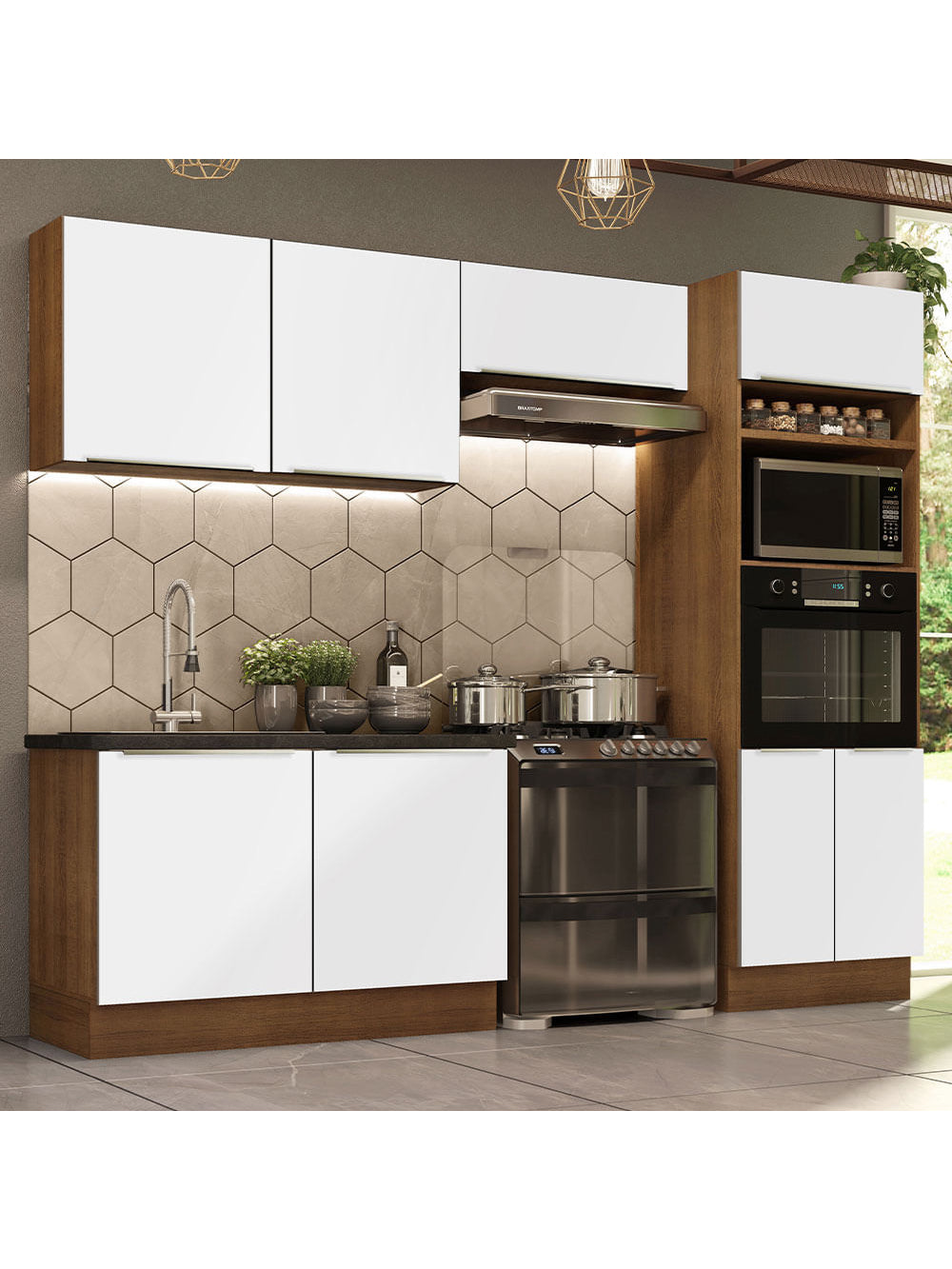 Armário de Cozinha Completa 270cm Rustic Branco Veludo Lux Madesa 01 - Rustic/Branco Veludo