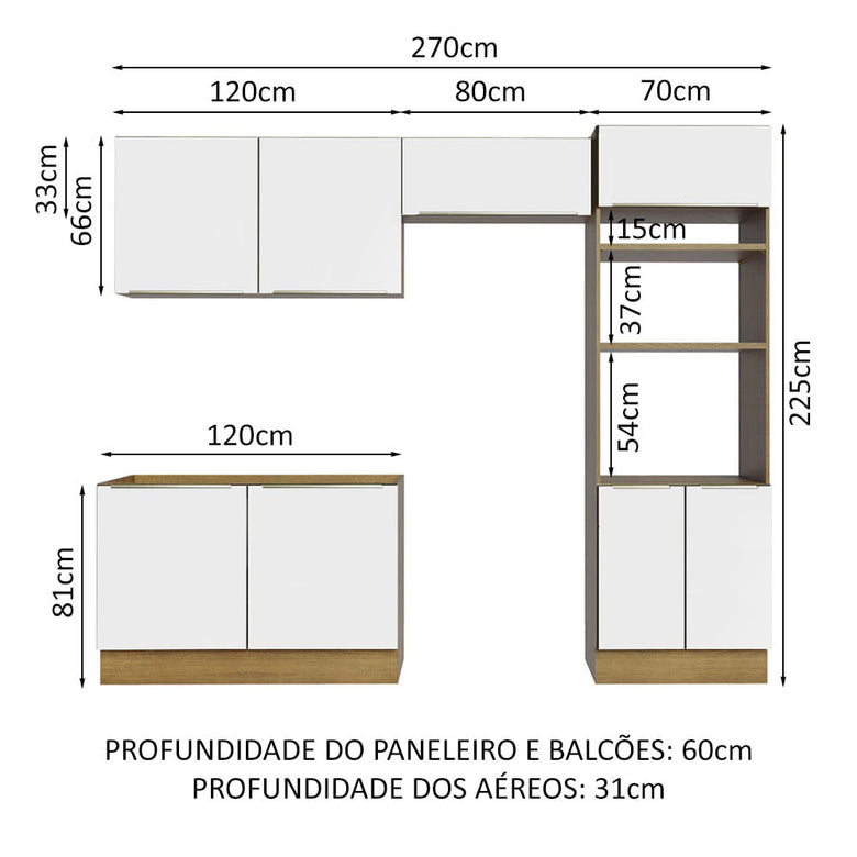 Armário de Cozinha Completa 270cm Rustic Branco Veludo Lux Madesa 01