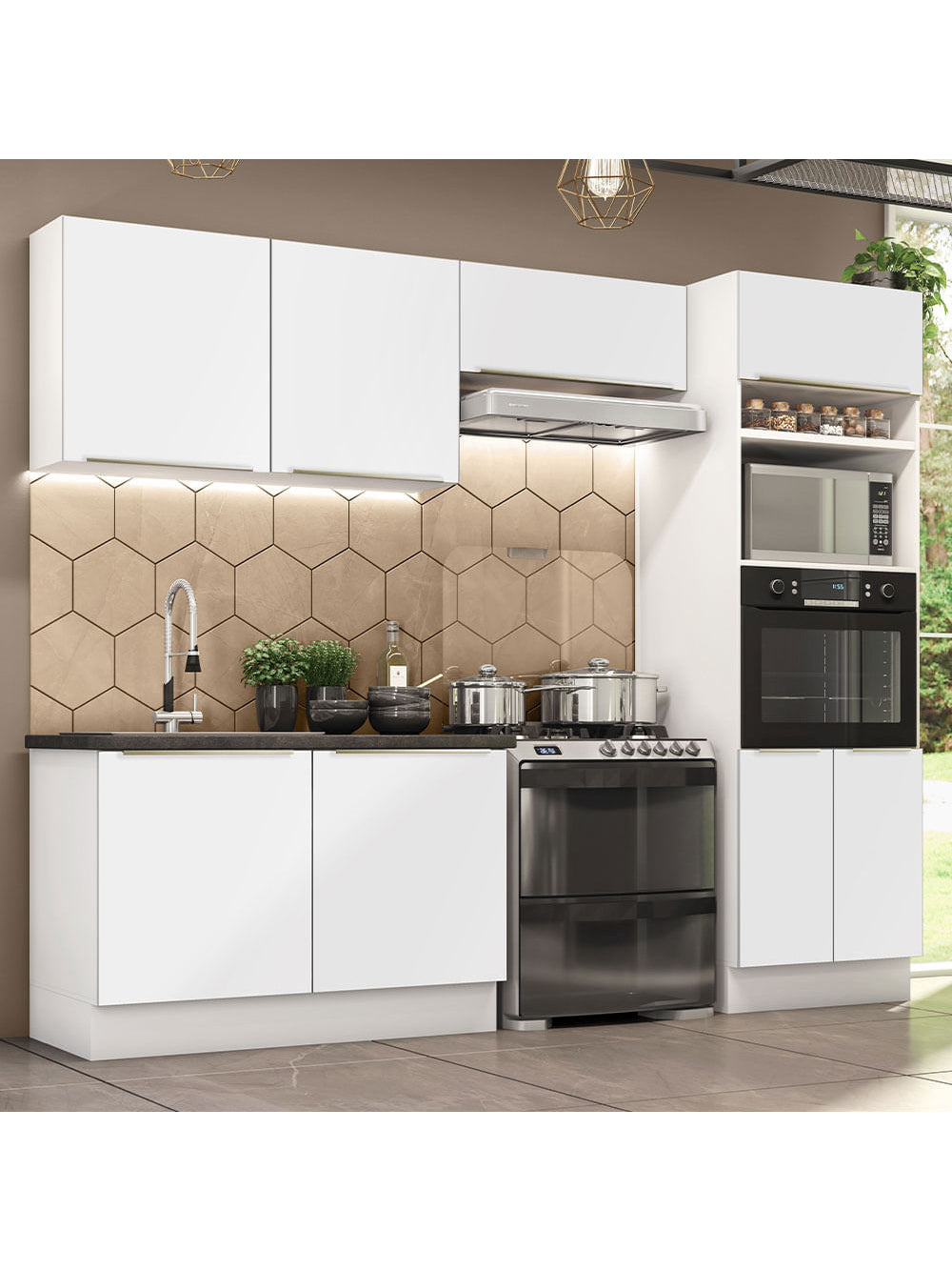 Armário de Cozinha Completa 270cm Branco Branco Veludo Lux Madesa 01 - Branco/Branco Veludo