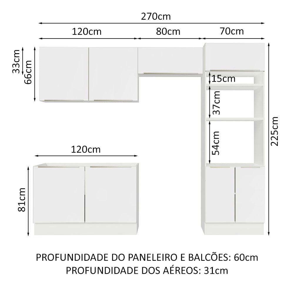 Armário de Cozinha Completa 270cm Branco Branco Veludo Lux Madesa 01