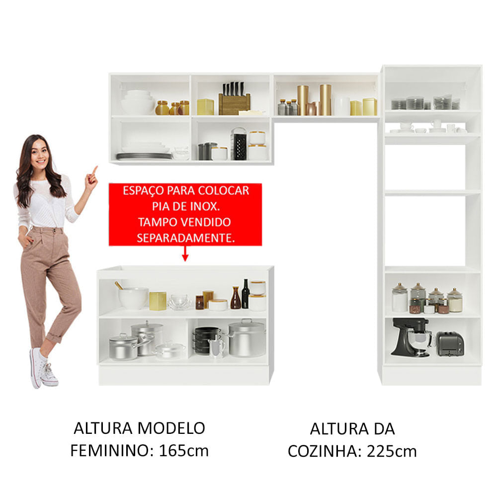 Armário de Cozinha Completa 270cm Branco Branco Veludo Lux Madesa 01