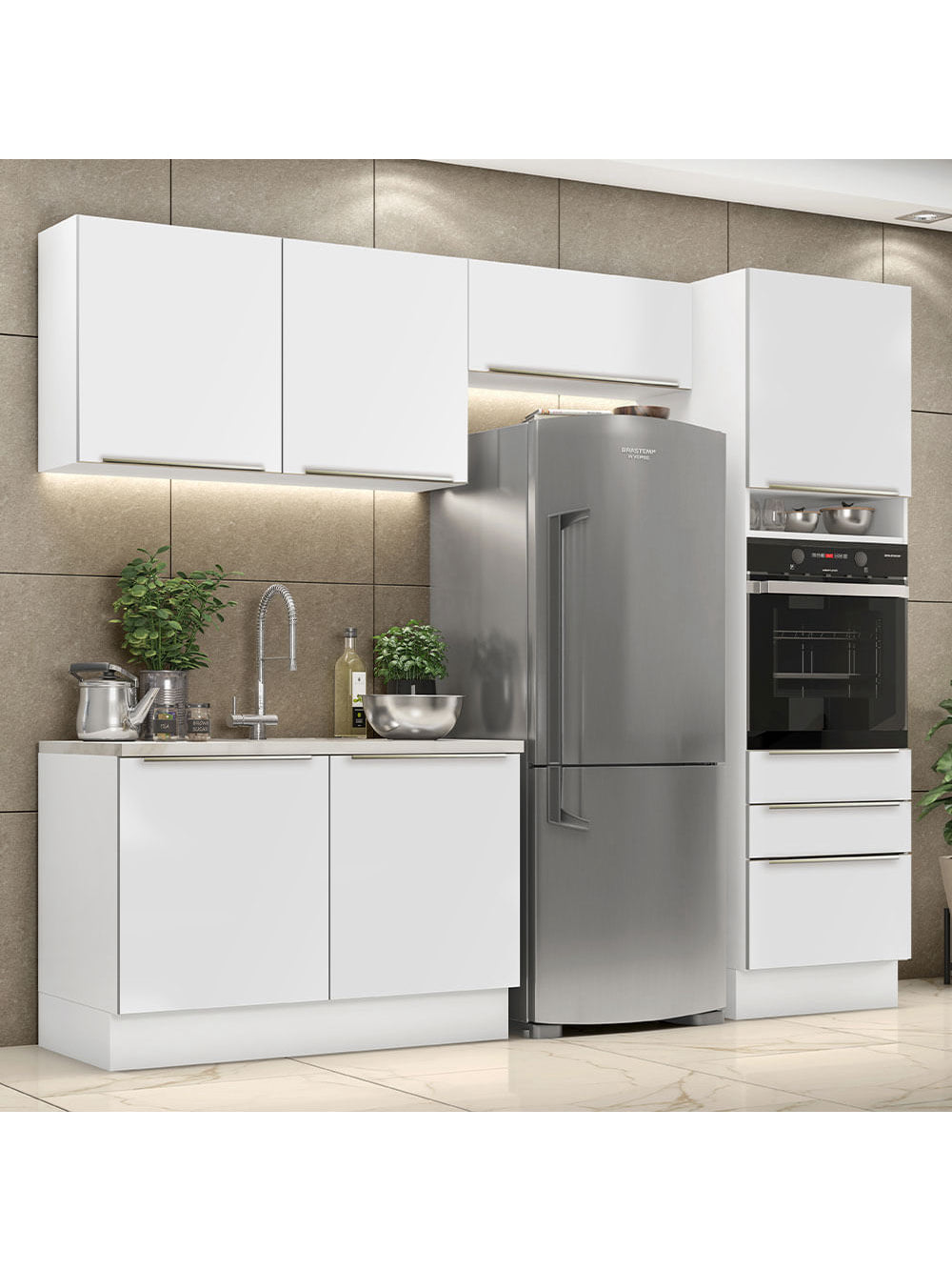 Armário de Cozinha Completa 260cm Branco Branco Veludo Lux Madesa 05 - Branco/Branco Veludo