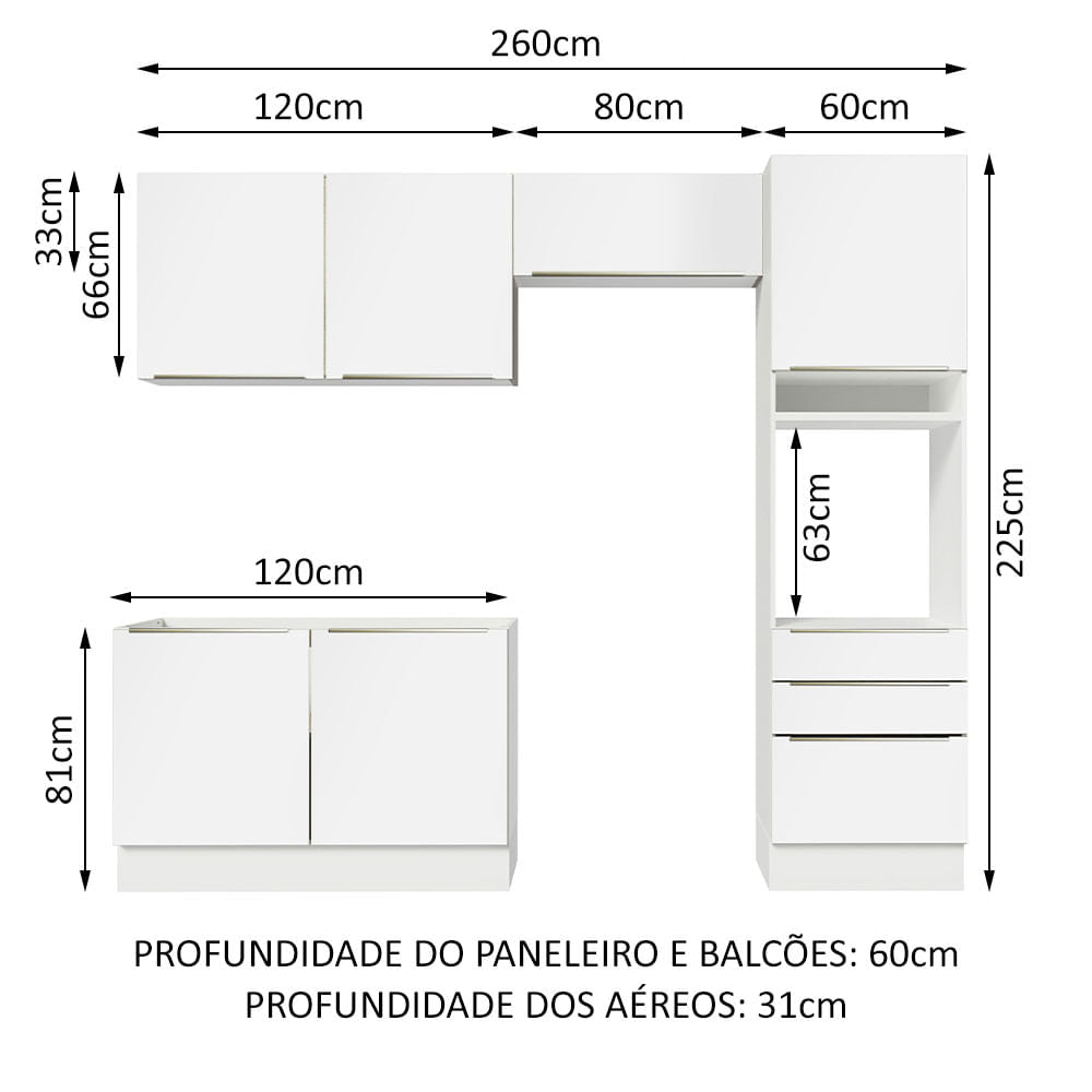 Armário de Cozinha Completa 260cm Branco Branco Veludo Lux Madesa 05