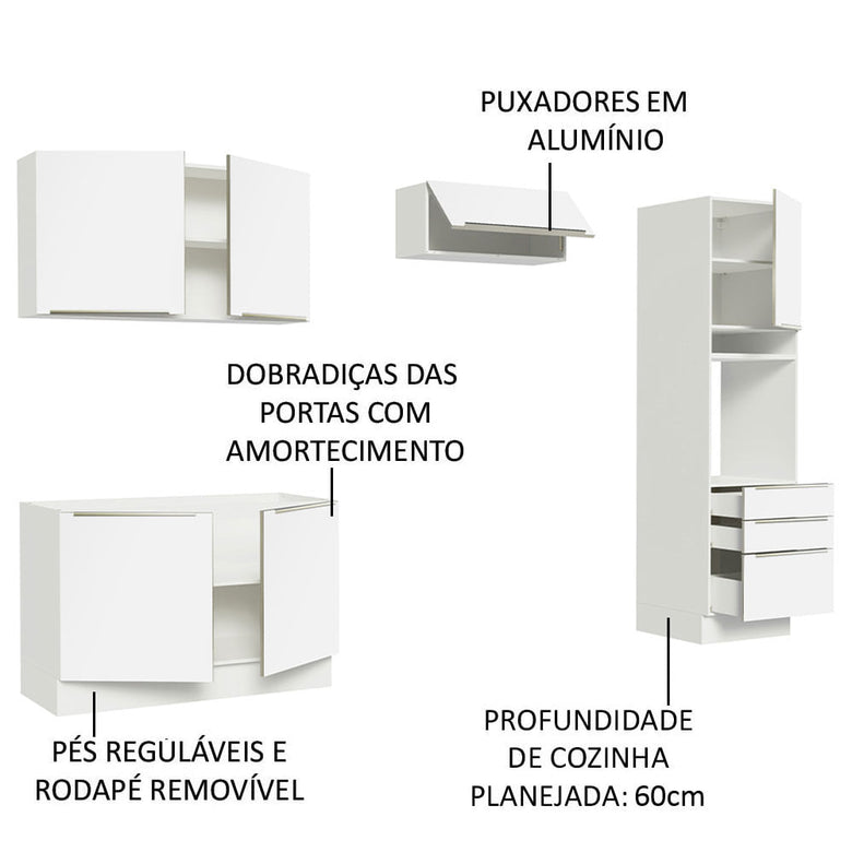 Armário de Cozinha Completa 260cm Branco Branco Veludo Lux Madesa 05