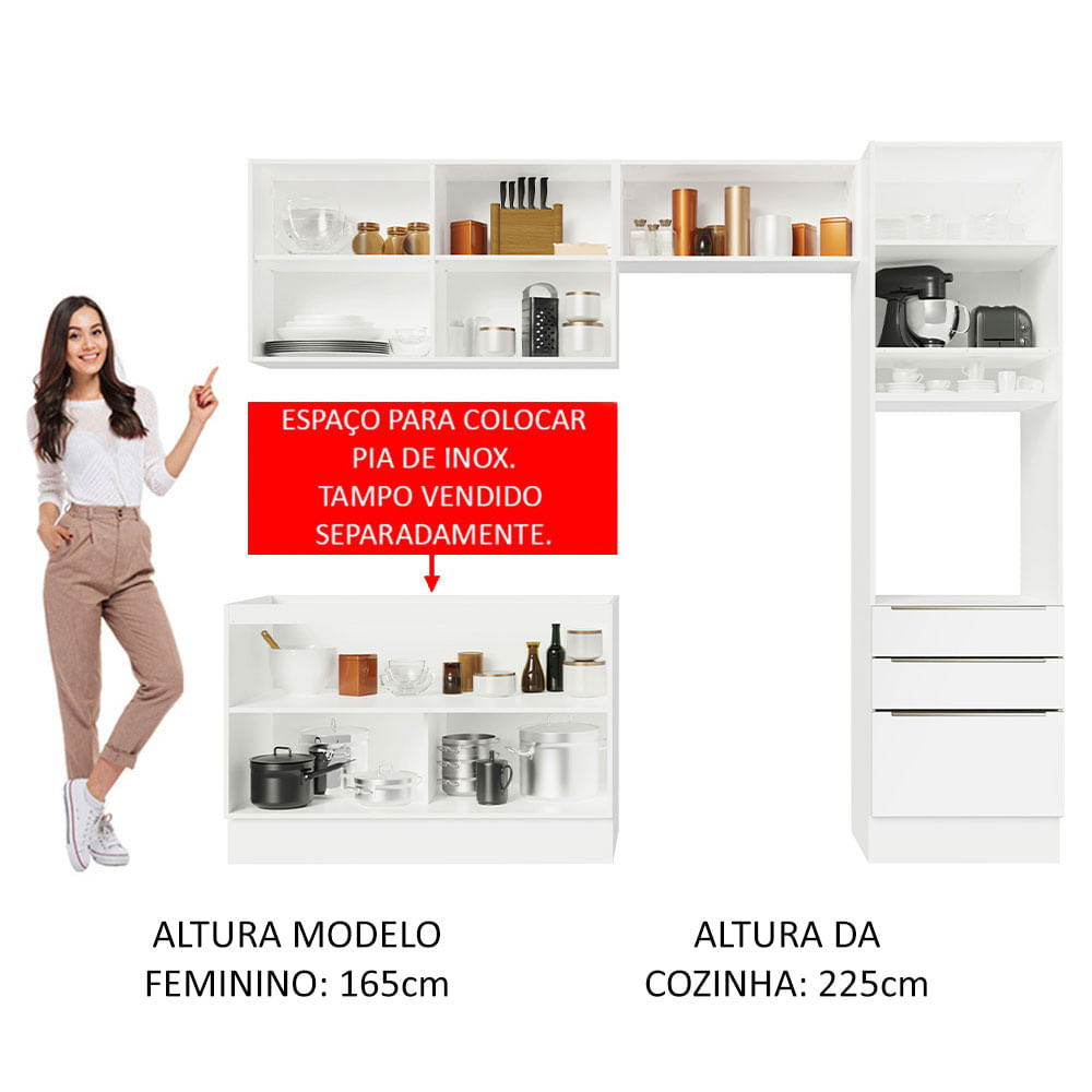 Armário de Cozinha Completa 260cm Branco Branco Veludo Lux Madesa 05