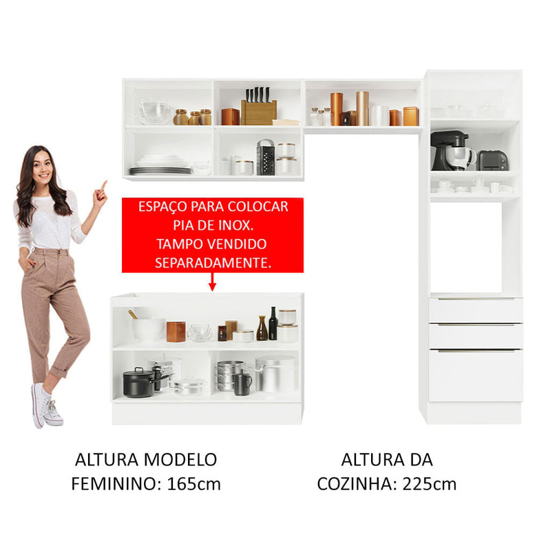 Armário de Cozinha Completa 260cm Branco Branco Veludo Lux Madesa 05