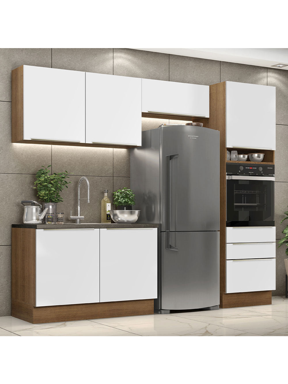 Armário de Cozinha Completa 260cm Rustic Branco Veludo Lux Madesa 05 - Rustic/Branco Veludo