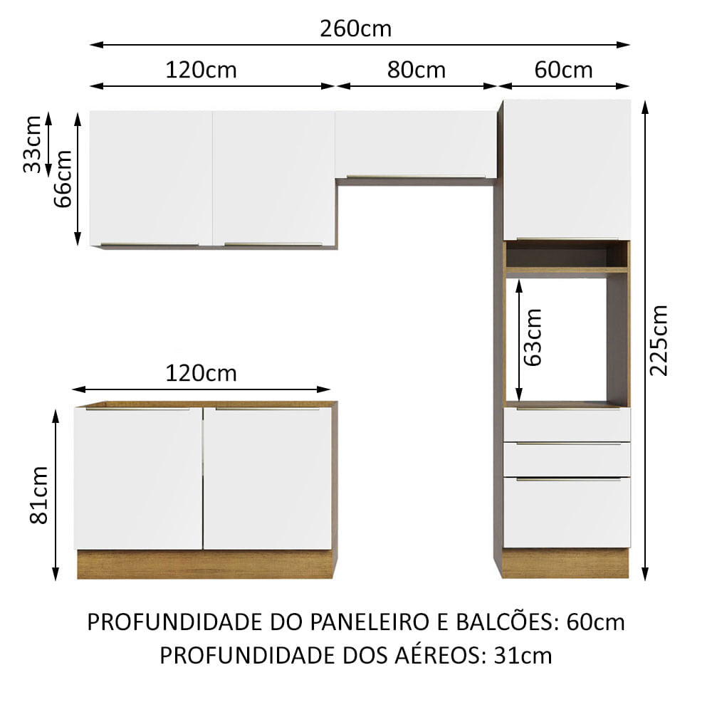 Armário de Cozinha Completa 260cm Rustic Branco Veludo Lux Madesa 05