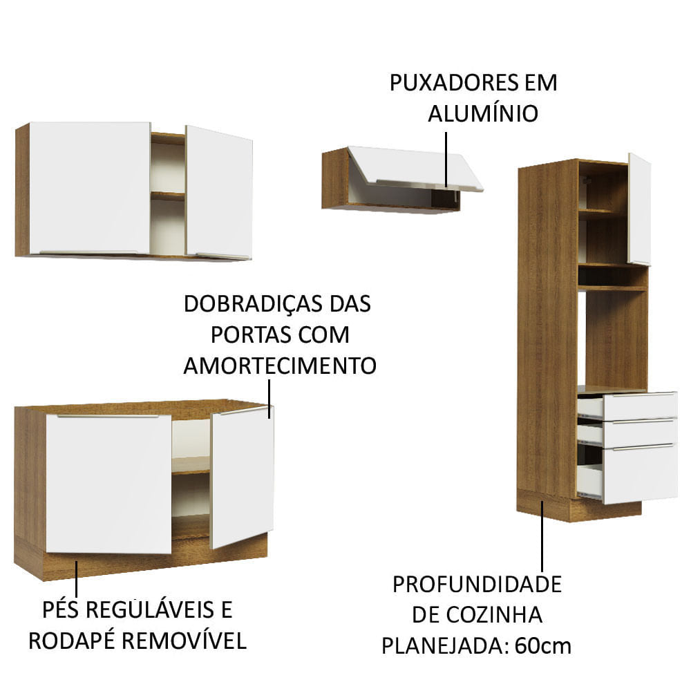 Armário de Cozinha Completa 260cm Rustic Branco Veludo Lux Madesa 05
