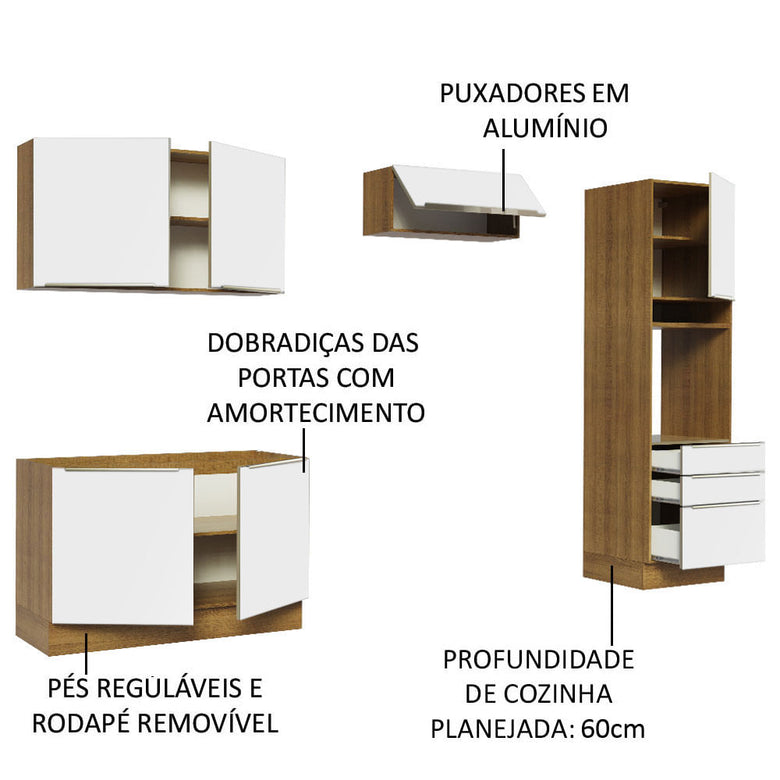 Armário de Cozinha Completa 260cm Rustic Branco Veludo Lux Madesa 05