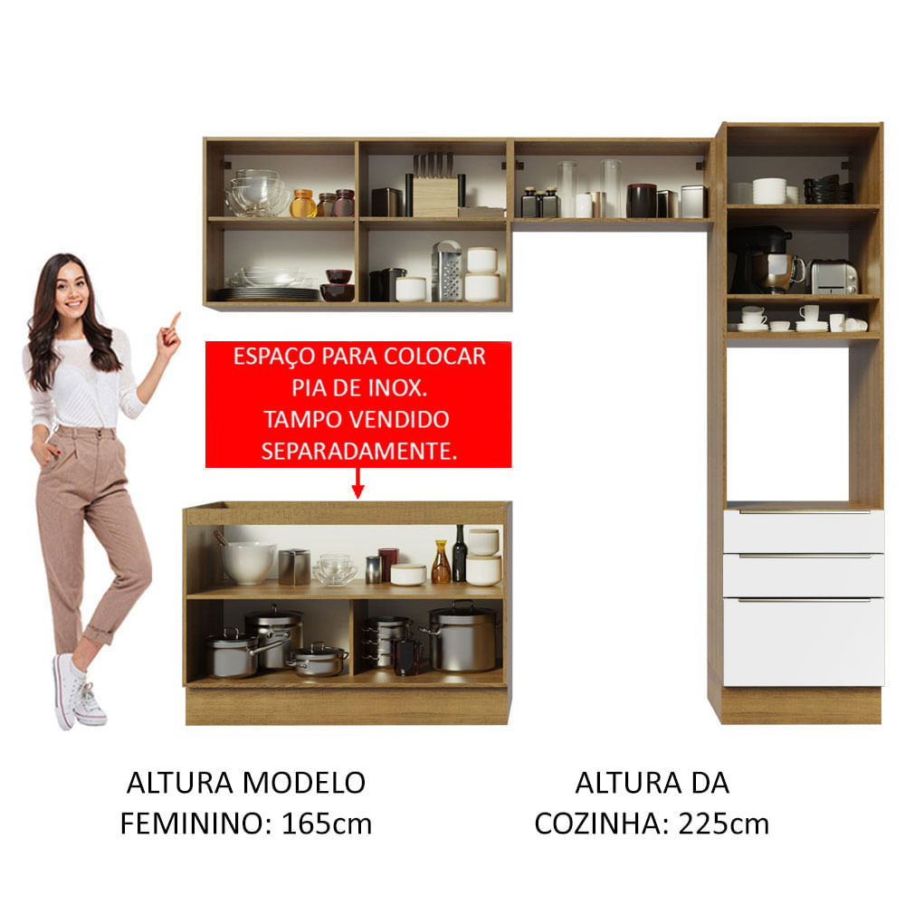 Armário de Cozinha Completa 260cm Rustic Branco Veludo Lux Madesa 05