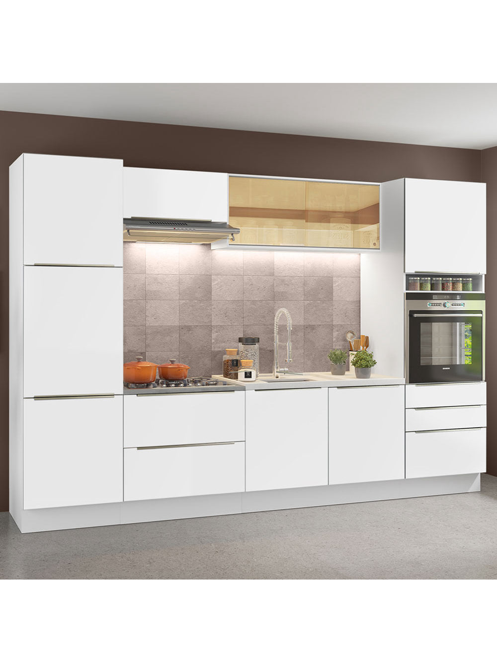 Armário de Cozinha Completa 320cm Branco Branco Veludo Lux Madesa 01 - Branco/Branco Veludo