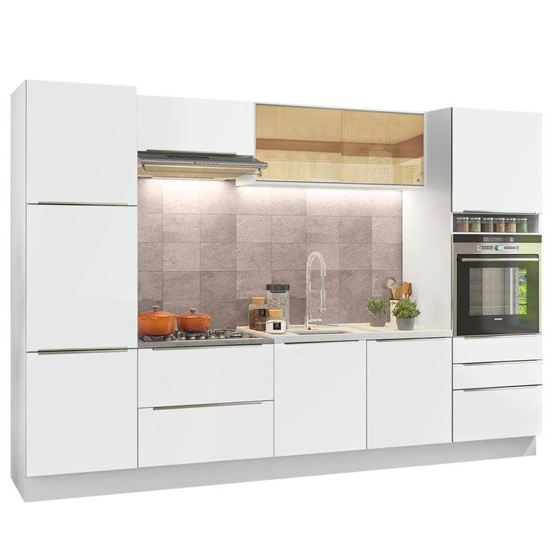 Armário de Cozinha Completa 320cm Branco Branco Veludo Lux Madesa 01
