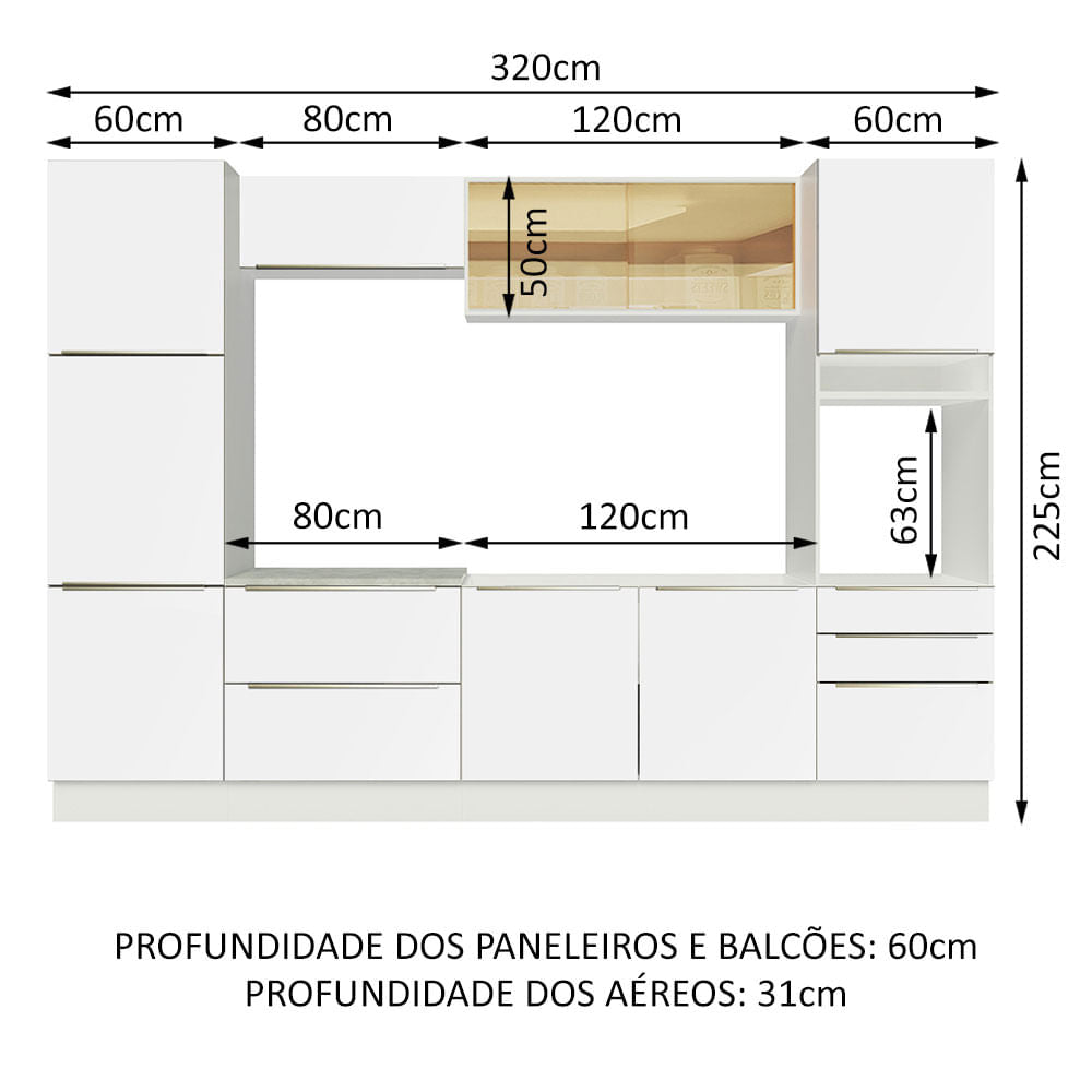 Armário de Cozinha Completa 320cm Branco Branco Veludo Lux Madesa 01