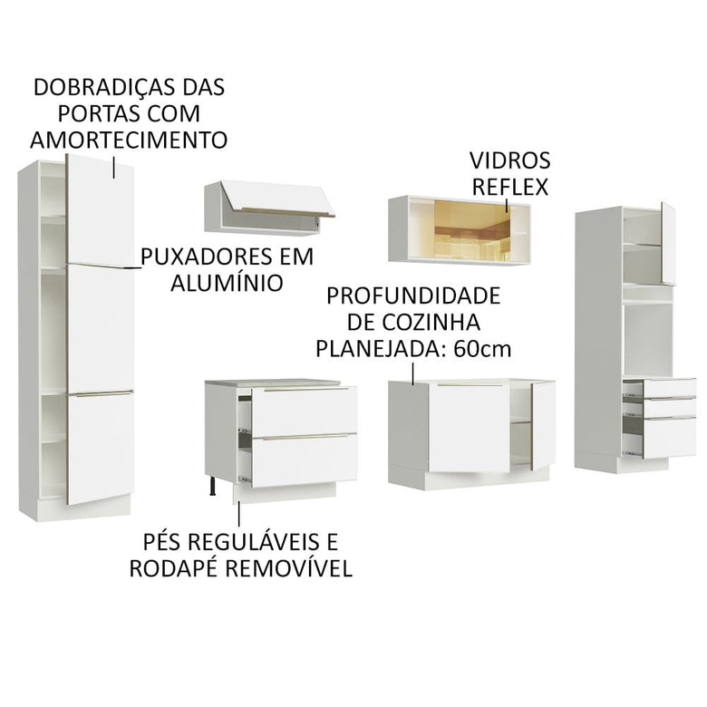 Armário de Cozinha Completa 320cm Branco Branco Veludo Lux Madesa 01