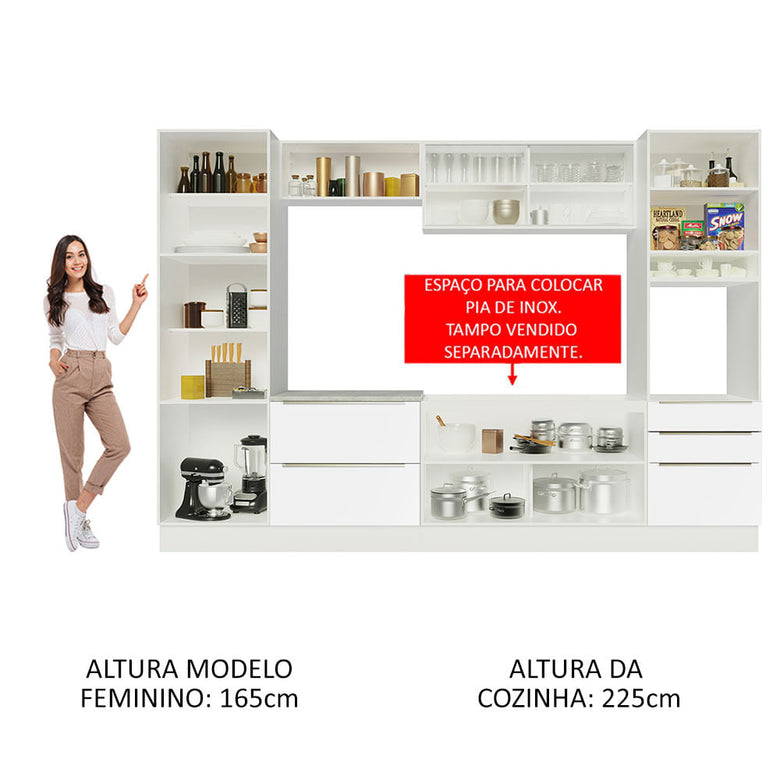 Armário de Cozinha Completa 320cm Branco Branco Veludo Lux Madesa 01