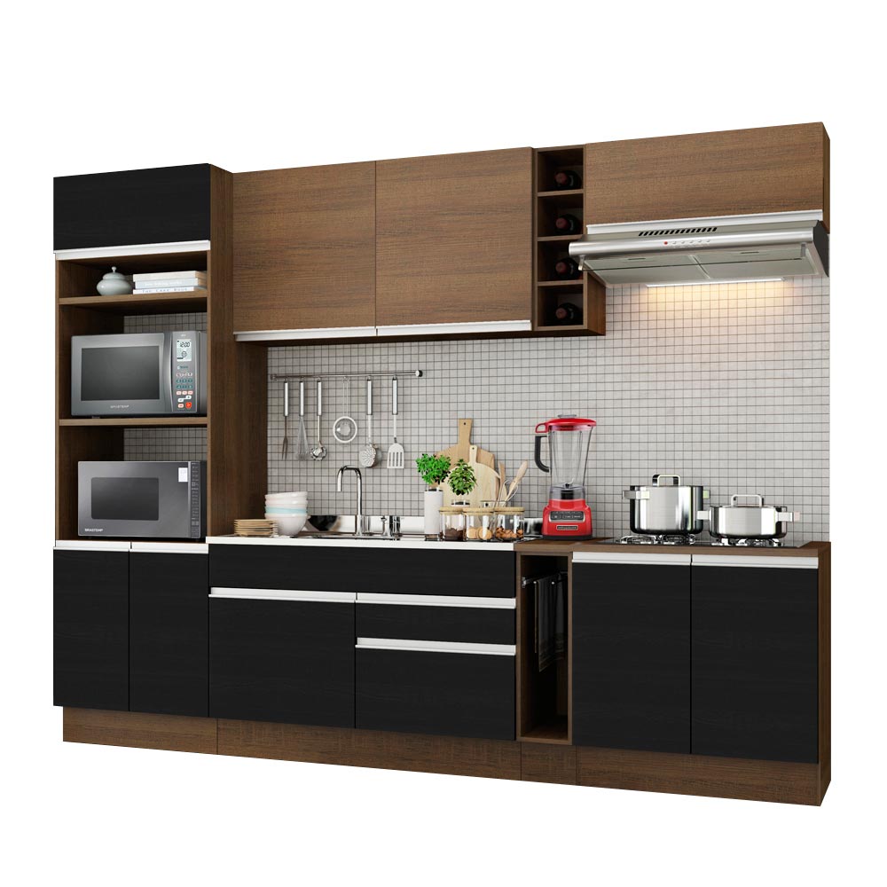 Armário de Cozinha Completa 290cm Rustic/Preto/Rustic Vicenza Madesa 07 - Rustic/Preto/Rustic