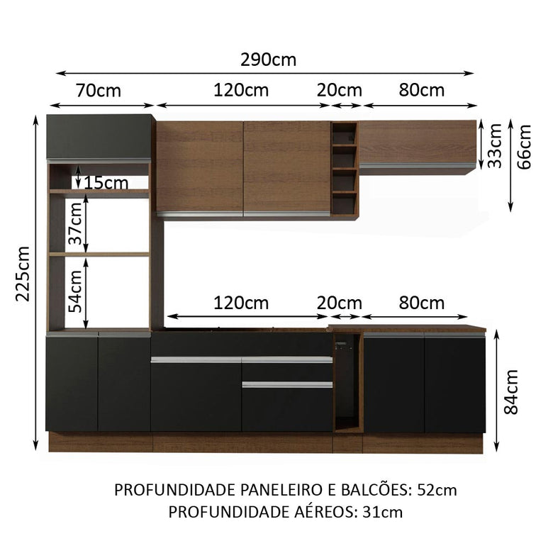 Armário de Cozinha Completa 290cm Rustic/Preto/Rustic Vicenza Madesa 07