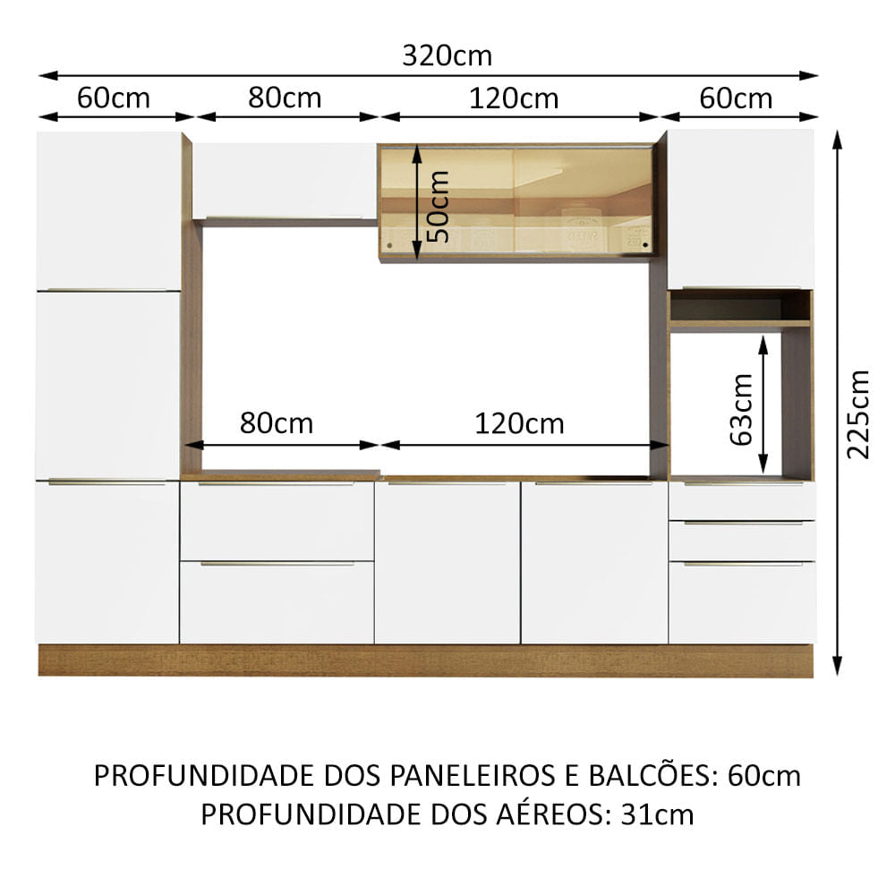Armário de Cozinha Completa 320cm Rustic Branco Veludo Lux Madesa 01