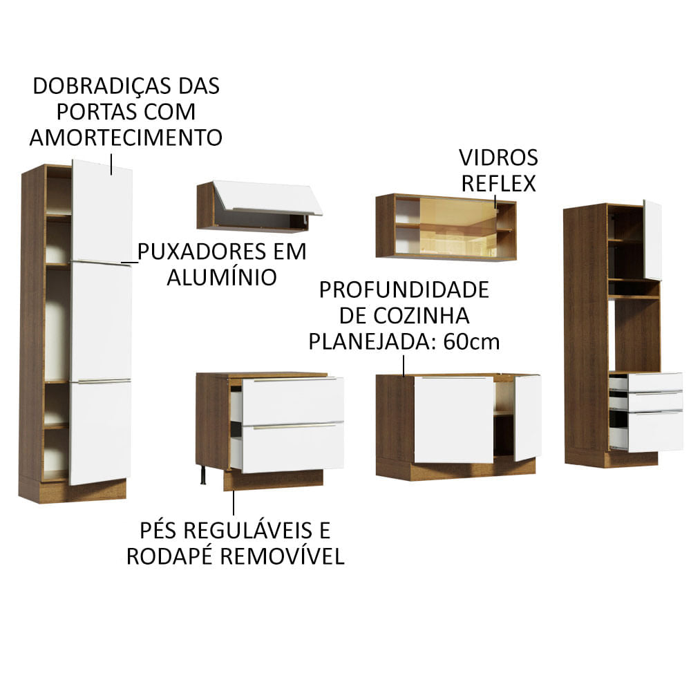 Armário de Cozinha Completa 320cm Rustic Branco Veludo Lux Madesa 01