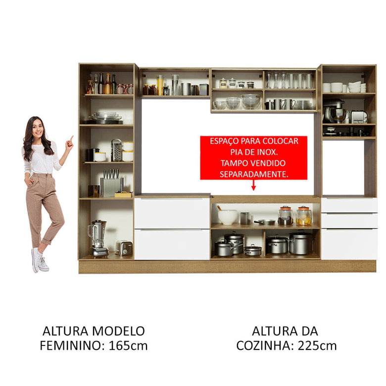 Armário de Cozinha Completa 320cm Rustic Branco Veludo Lux Madesa 01