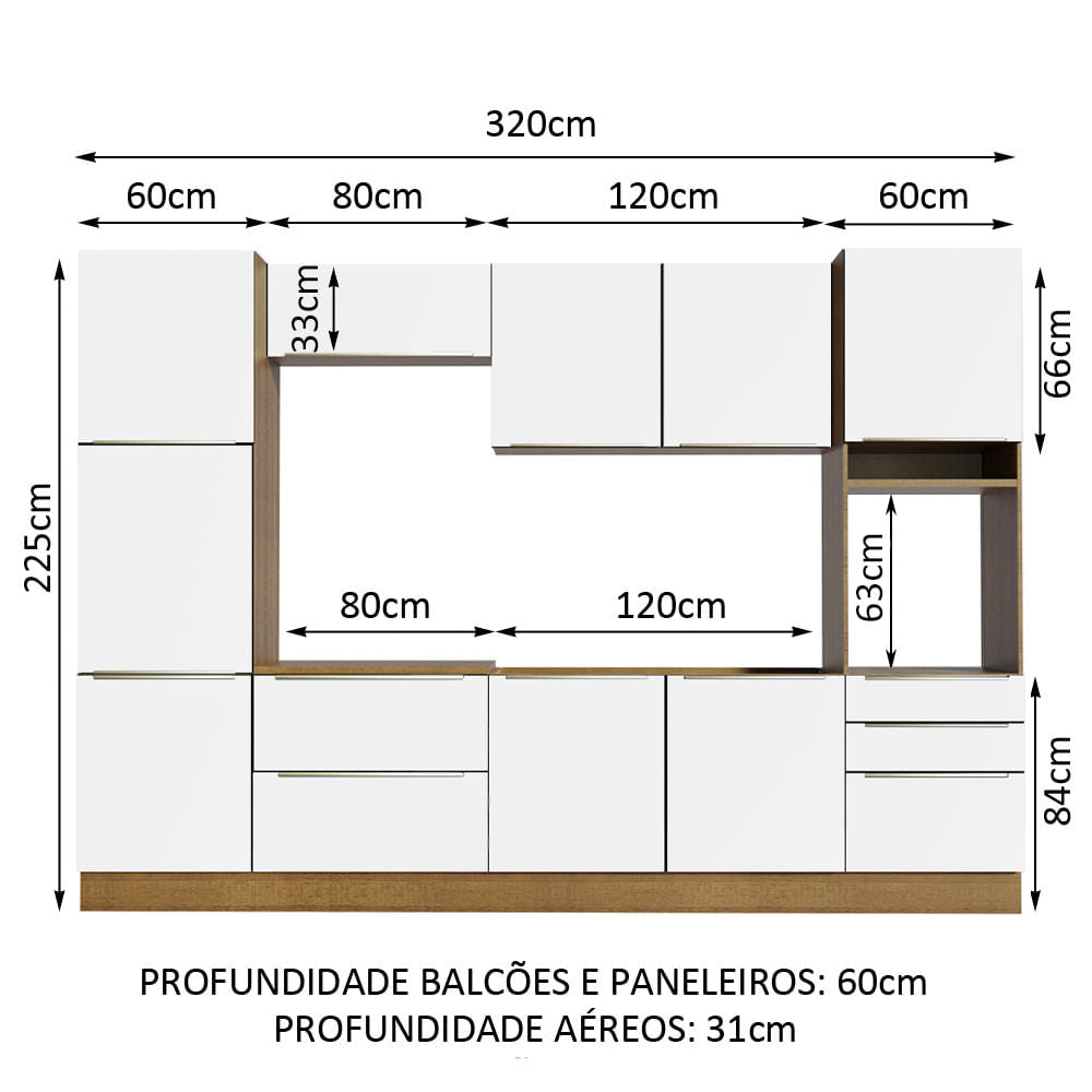 Armário de Cozinha Completa 320cm Rustic Branco Veludo Lux Madesa 03