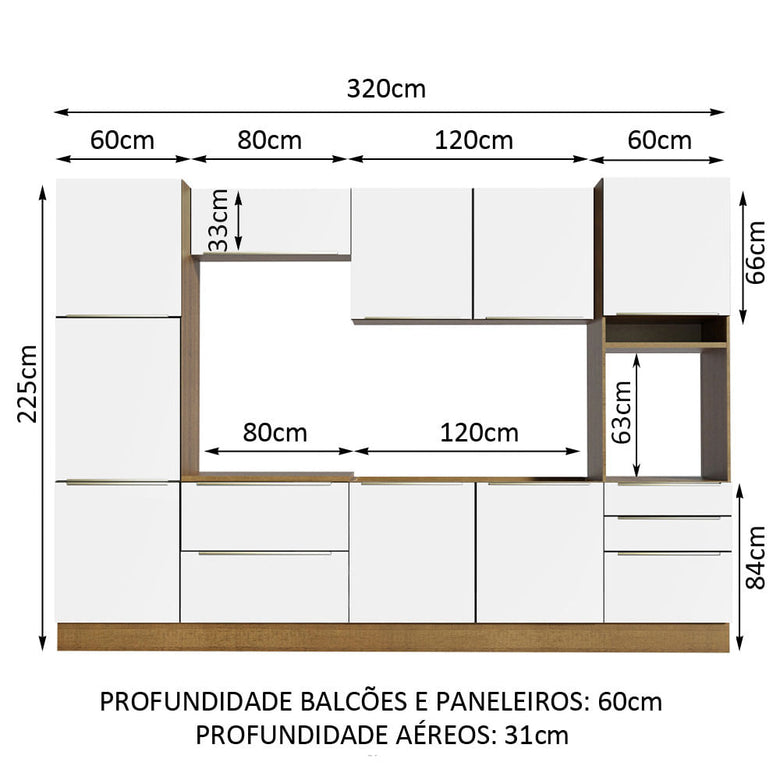 Armário de Cozinha Completa 320cm Rustic Branco Veludo Lux Madesa 03