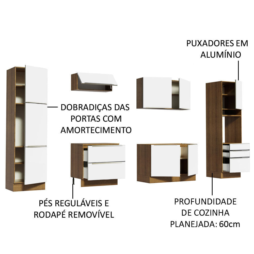 Armário de Cozinha Completa 320cm Rustic Branco Veludo Lux Madesa 03