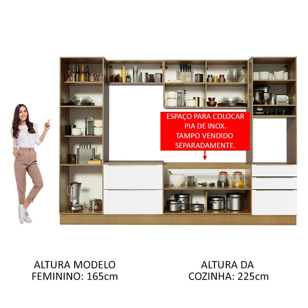 Armário de Cozinha Completa 320cm Rustic Branco Veludo Lux Madesa 03