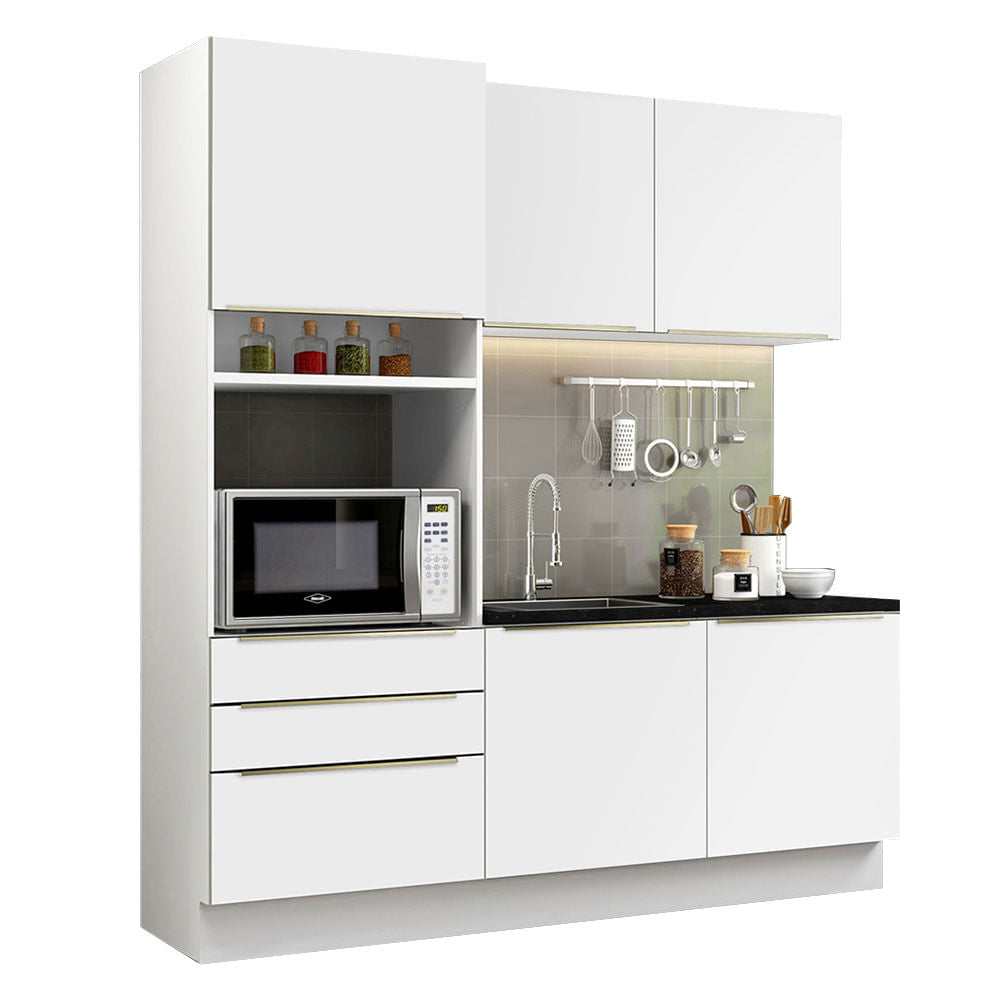 Armário de Cozinha Compacta 180cm Branco/Branco Veludo Lux Madesa 01 - Branco/Branco Veludo