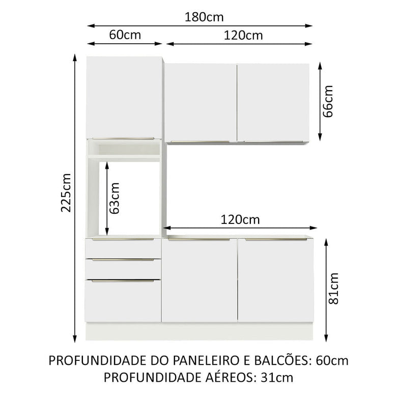 Armário de Cozinha Compacta 180cm Branco/Branco Veludo Lux Madesa 01