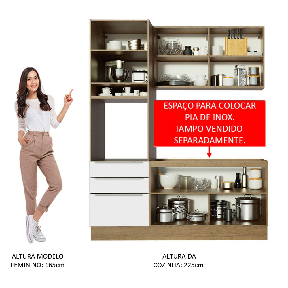 Armário de Cozinha Compacta 180cm Rustic/Branco Veludo Lux Madesa 01
