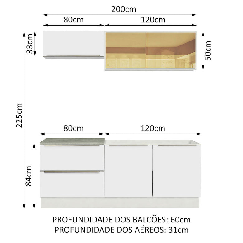 Armário de Cozinha Compacta 200cm Branco Branco Veludo Lux Madesa 01